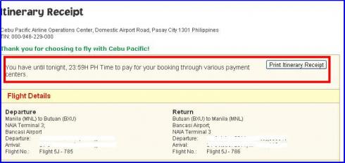 Cebu Pacific Online Booking Receipt