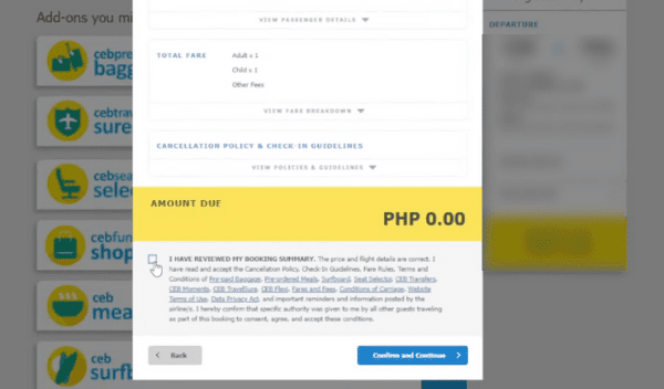 Cebu Pacific Rebooking - I Have Reviewed My Booking Summary