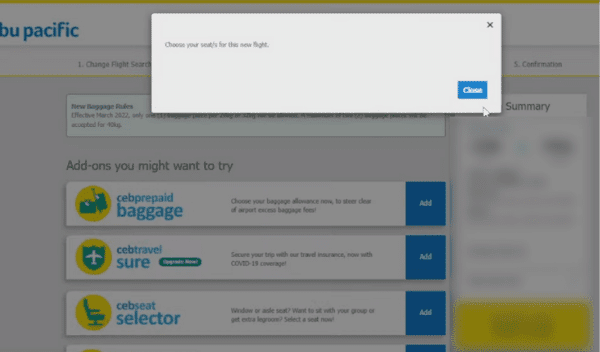 Cebu Pacific Rebooking - Uncheck Automatic Add-Ons