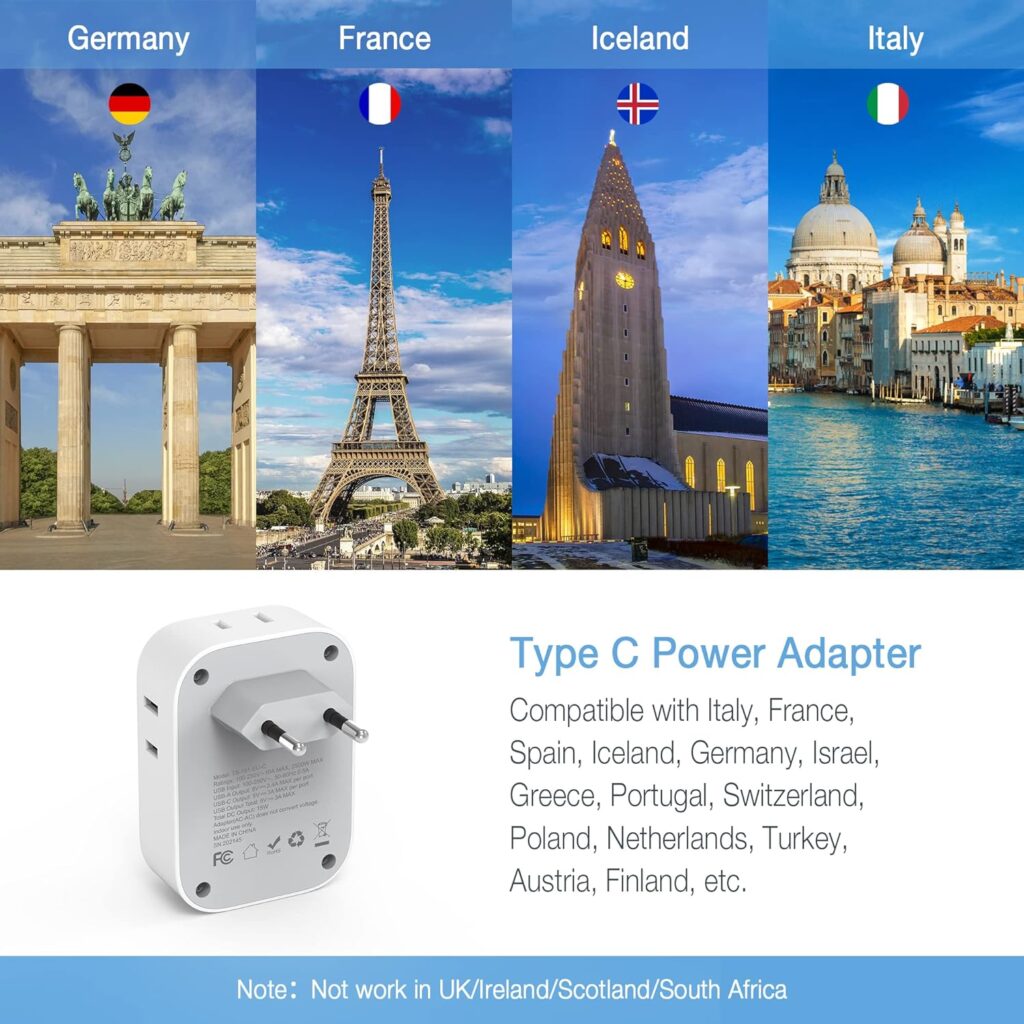 European Travel Plug Adapter Usb C, Tessan International Plug Adapter With 4 Ac Outlets And 3 Usb Ports, Type C Power Adaptor Charger For Us To Most Of Europe Iceland Spain Italy France Germany