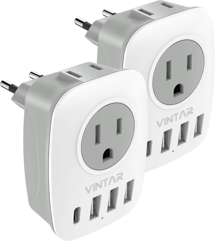 [2-Pack] European Travel Plug Adapter, Vintar International Power Plug Adapter With 1 Usb C, 2 American Outlets And 3 Usb Ports, 6 In 1 Travel Essentials To Most Of Europe Greece, Italy(Type C)